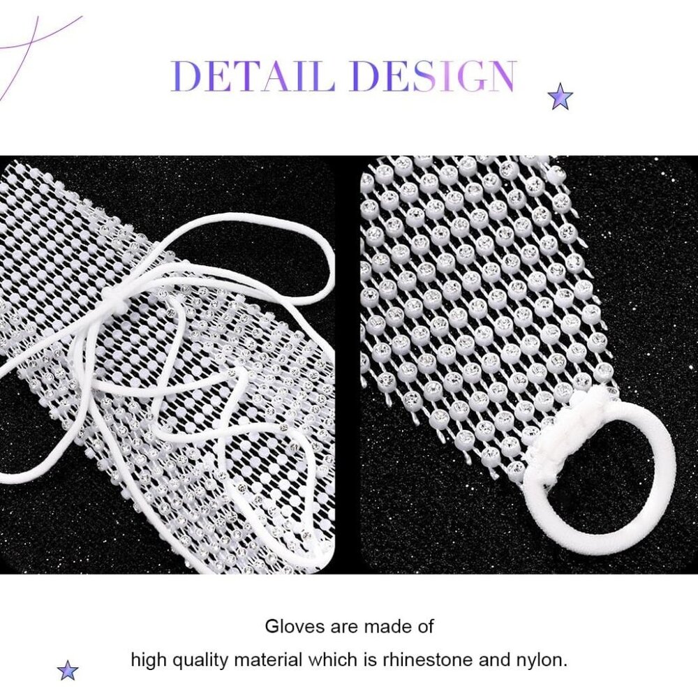 Women's White Fingerless Crystal Rhinestone Sparkle Long Rave Arm Sleeves Gloves